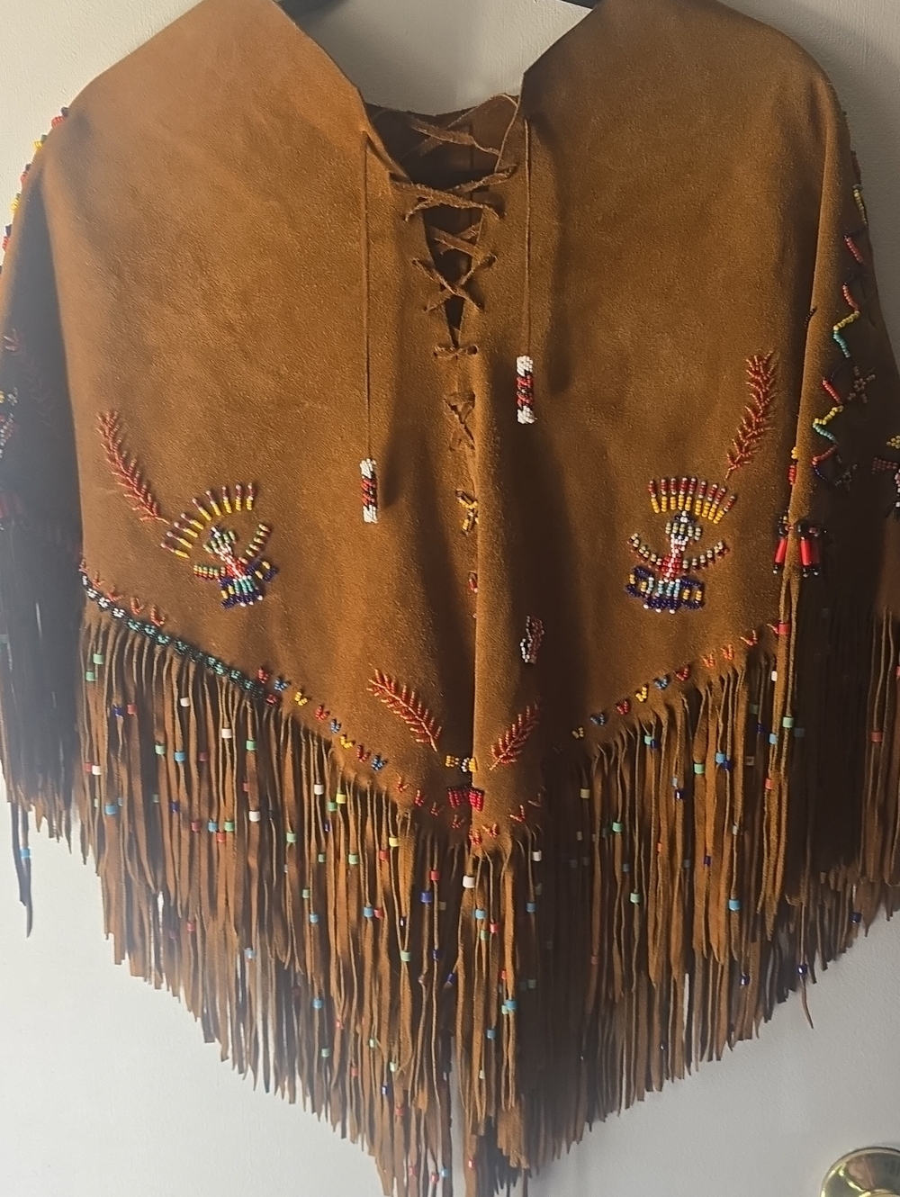 Vintage 1970's Hand-Beaded Brown Suede Fringe Poncho Jacket